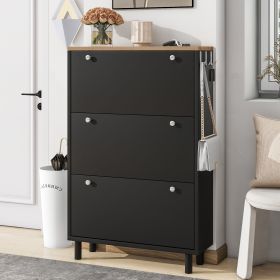 ON-TREND Narrow Design Tipping Bucket Shoe Cabinet with 3 Flip Drawers, Wood Grain Pattern Top Entryway Organizer with 3 Hooks