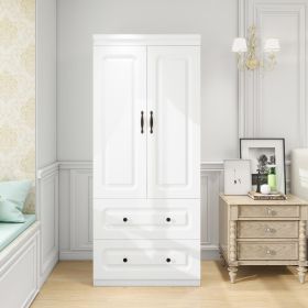 74.2" Tall 2 Doors Wardrobe Closet 2 Drawers Wood Bedroom Closet Wardrobe Armoire Cabinet White Freestanding Wardrobe Cabinet with Hanging Rod (Color: YG-3)