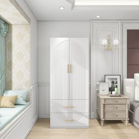 74.2" Tall 2 Doors Wardrobe Closet 2 Drawers Wood Bedroom Closet Wardrobe Armoire Cabinet White Freestanding Wardrobe Cabinet with Hanging Rod (Color: YG-2)