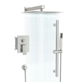 12-inch/10-inch Wall Mount Square Stainless Steel High Pressure Rainfall Shower Head with Handheld Spray Combo, 360 Degree Adjustable Slide Bar (Shower head size: 10 inch, Color: Brushed Nickel)